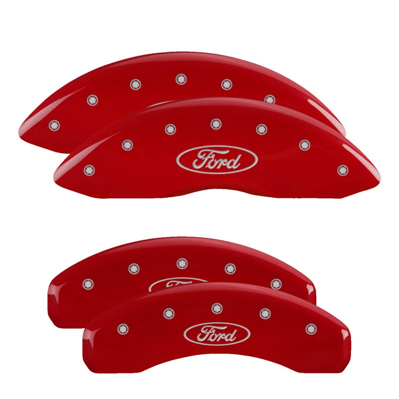 Set of 4: Red finish, Silver Ford Oval Logo