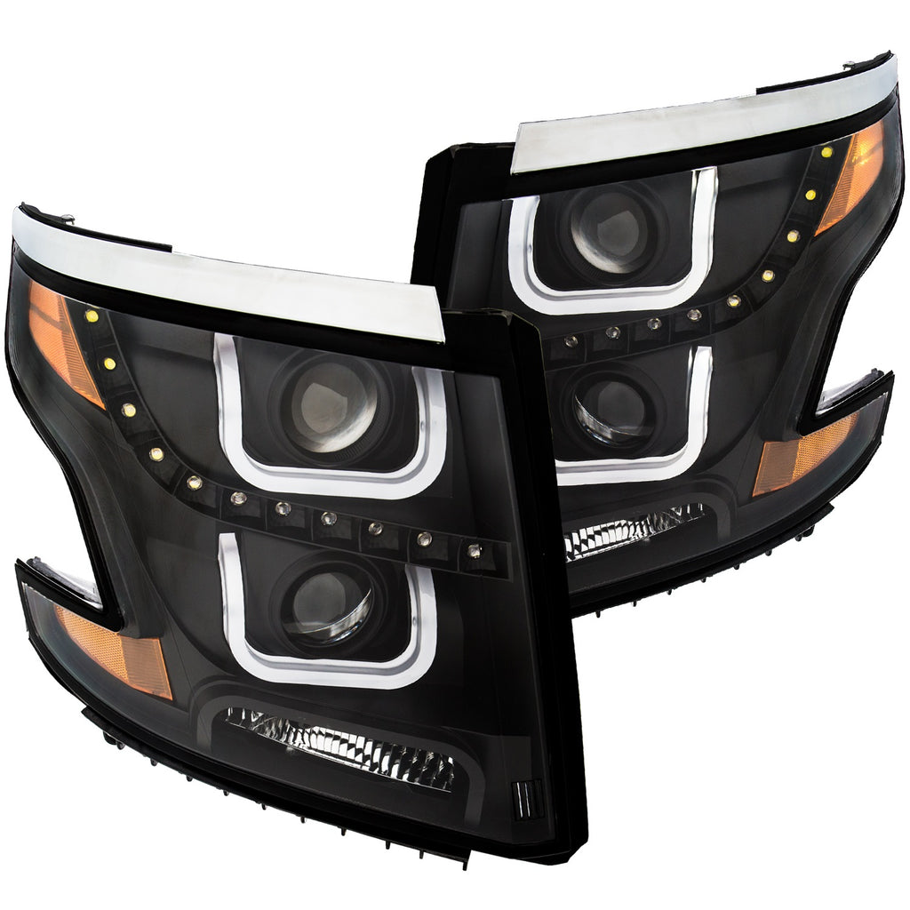 Projector Headlight Set; Clear Lens; Black Housing; Amber; Pair; w/U-Bar;