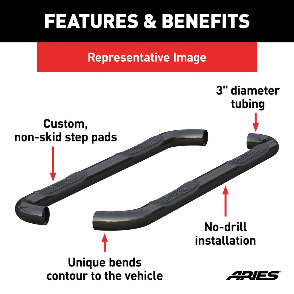 ARIES 202009 3-Inch Round Black Steel Nerf Bars; No-Drill; Select Toyota Tacoma