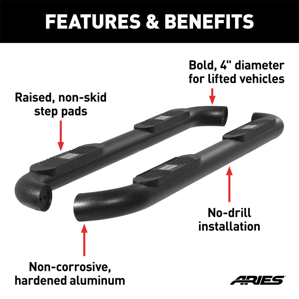 ARIES AL235045 Big Step 4-Inch Round Black Aluminum Nerf Bars; Select Ram 1500
